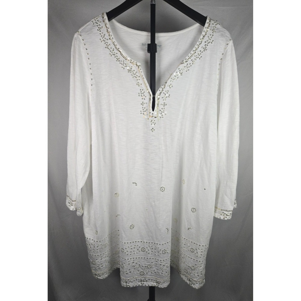 Soft Surroundings 3X White Embellished Tunic Top Sequins Cotton Beachy Coastal